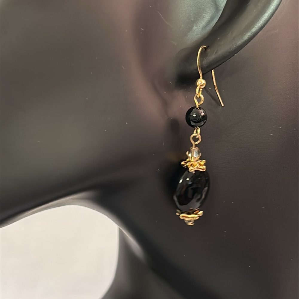 Ebony Black Dangle Drop Earrings in Gold-Tone with Crystal Spacers